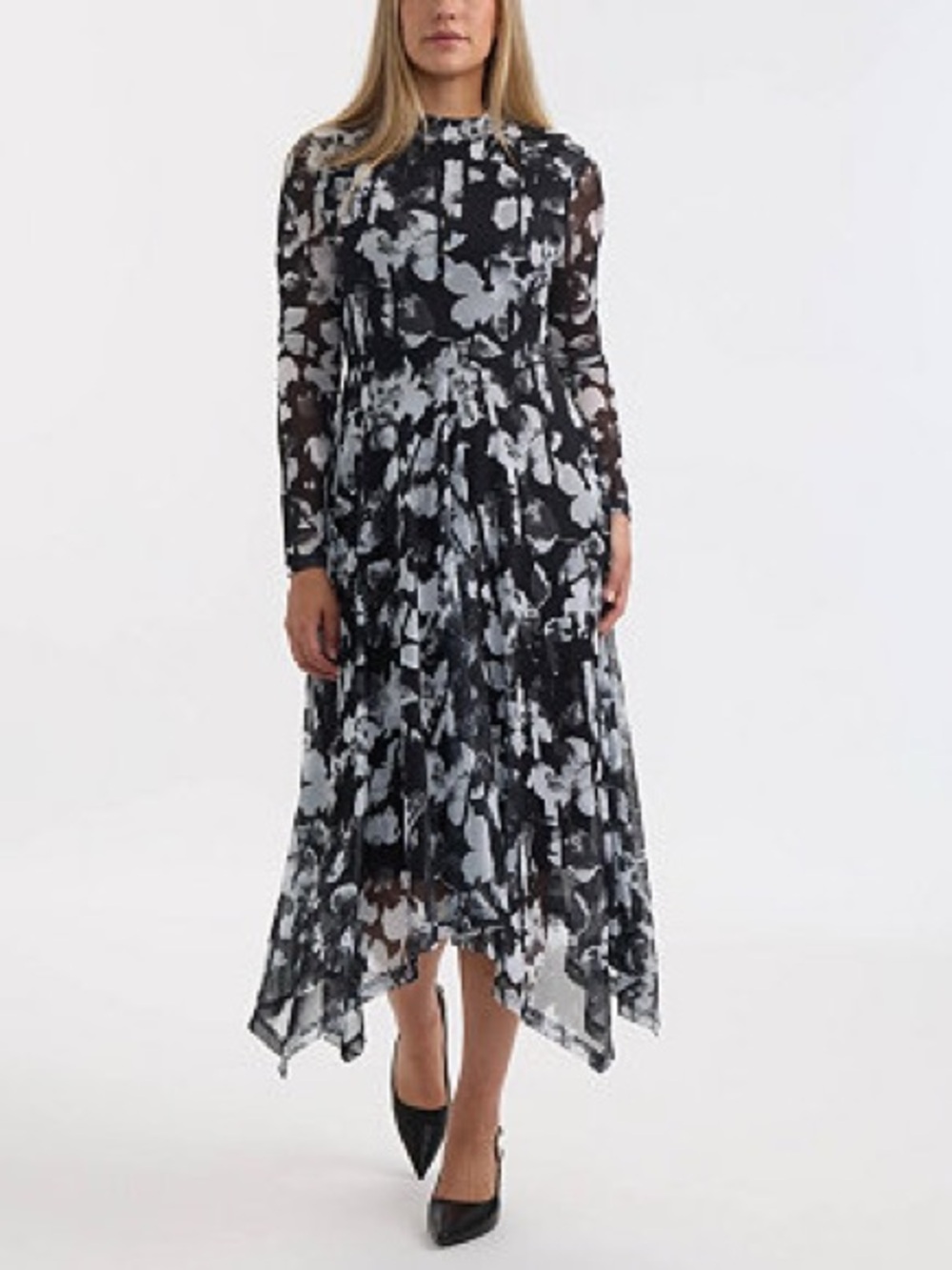 Ellen Tracy Printed Mesh Dress with Handkerchief Hem in Floral Shadows - size M